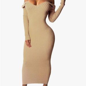 Casual Off Shoulder Long Sleeves Slim Knit Bodycon Sweater Dress Midi Dress
